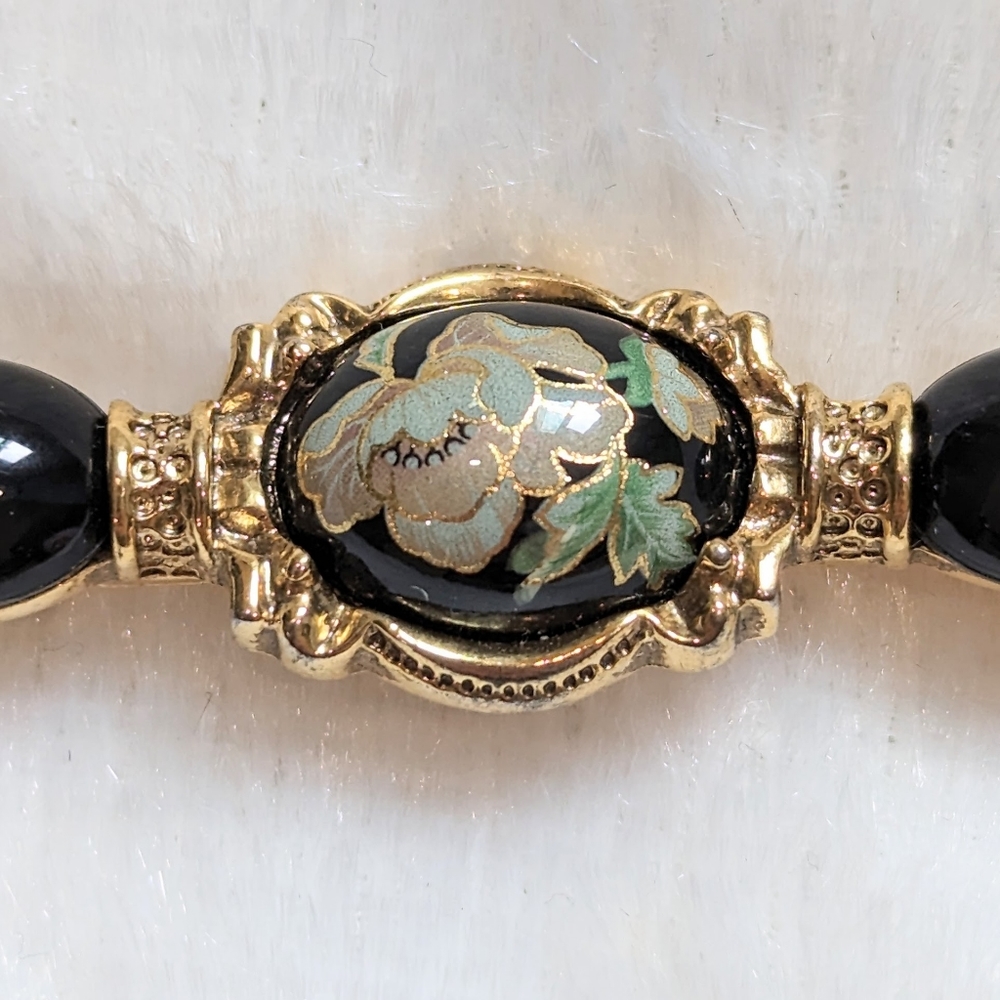 Black Gold Cloisonne Bar Brooch - Picture 2 of 3